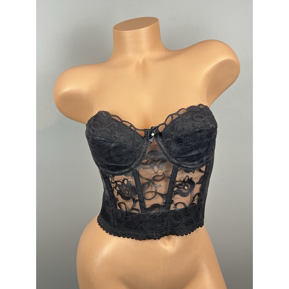 Vintage Valmont Black Lace Bustier Corset Lingerie Size 36B Backless Longline